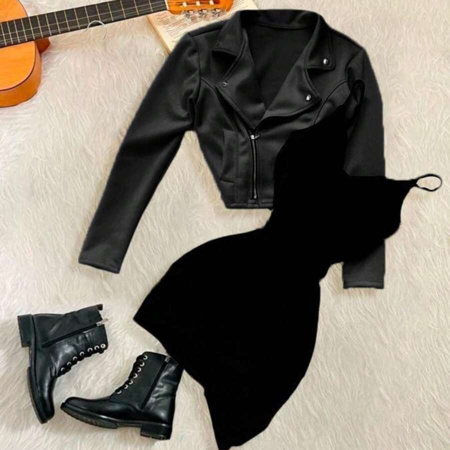 Short Jacket With Long Sleeves, Shirt Collar, Dress Closure, Straps, V-Neckline - 黑色 - 查看 1