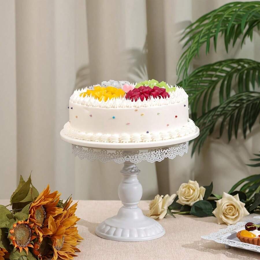 1pc Elegant Lace Decorated White Cake Stand, Metal Cake Display Set For Dessert Platter And Cupcakes, Suitable For Christmas, Birthday, Party, Wedding, Celebration - Multicolor - View 1