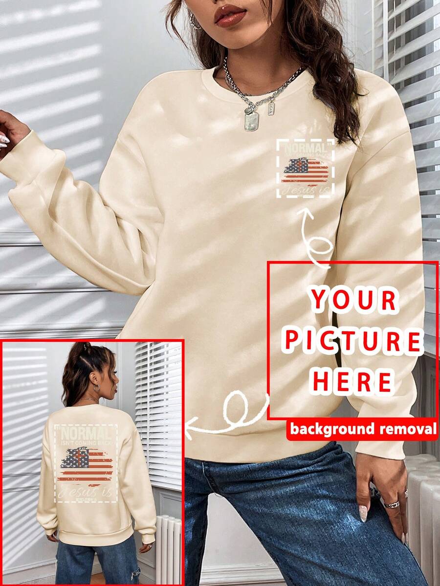 Personalized Gift, Custom Women Crew Neck Sweatshirt. Add Family & Selfie Photos For Custom Prints. Casual Black Winter Wear For Carnivals. Fall - Apricot - View 1