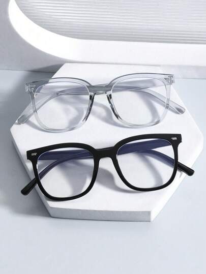 2副男士方形黑色无度数眼镜，防疲劳透明镜片，适用于电脑、电视、游戏、智能手机等。
