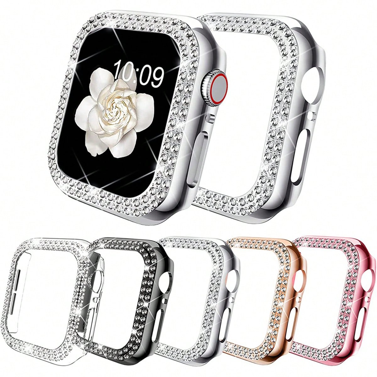 Piezas Protector de caja de reloj de PC hueco con diamantes de imitación a prueba de golpes, compatible con Apple Watch Ultra/SE/11/10/9/8/7/6/5/4/3/