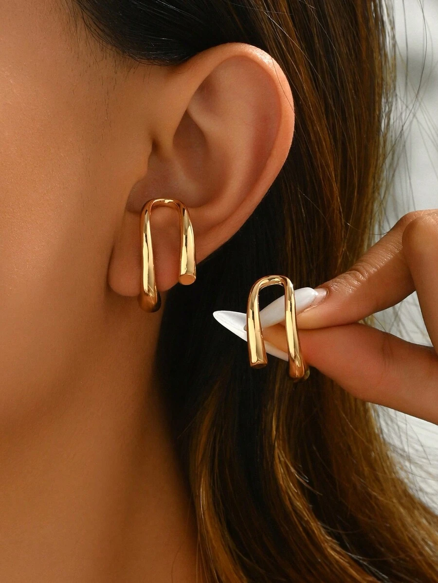 2 chiếc khuyên tai thời trang tối giản không phai hình học chữ cái bằng vàng 18K hợp thời trang, thích hợp để đeo hàng ngày - Vàng - Xem 1