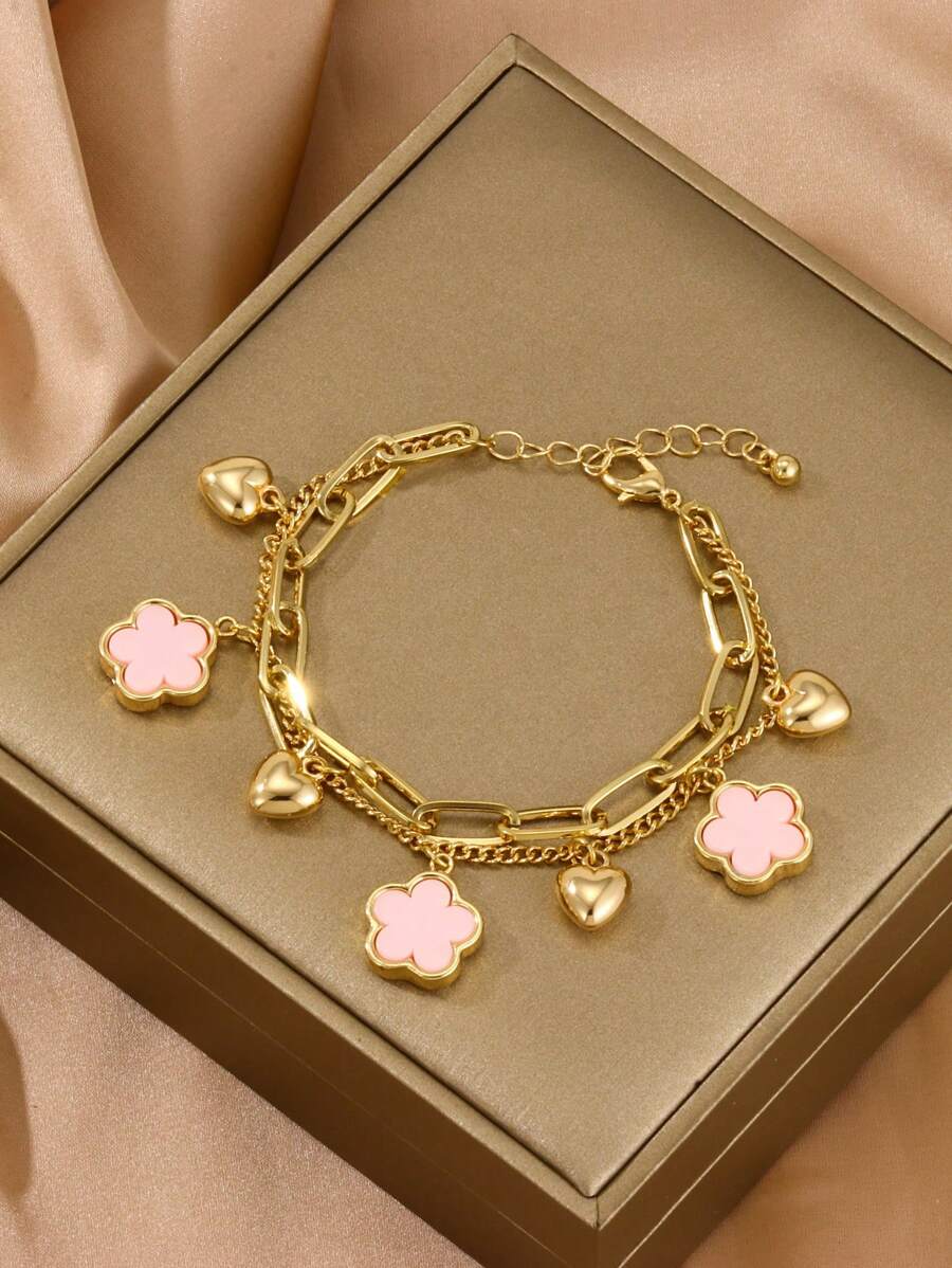 1pc Double Layer Four-Leaf Clover Heart Charm Bracelet