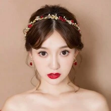 1 Set 2pcs Women Alloy Red Rose Hair Clips & Headdress, Handmade Bridal Hair Accessories For Wedding Dress Valentine's Day Accessories - Burgundy - View 1