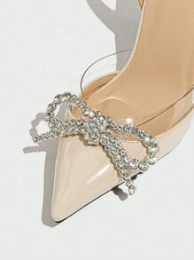 Giày cao gót mũi nhọn đính nơ và đá pha lê cho nữ, thích hợp cho trang phục dự tiệc cưới trang trọng, giày cao gót mũi nhọn chất liệu PU màu nude, cho mùa xuân hè thu đông lễ tình nhân, thanh lịch - Màu be - Xem 7