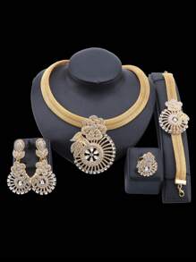 1 Set Luxury Rose Flower Shaped Full Crystal Jewelry Set: Necklace, Earrings, Bracelet, Ring, Suitable For Ladies Wedding, Gala, Party, A Gift For Anniversary, Valentine's Day