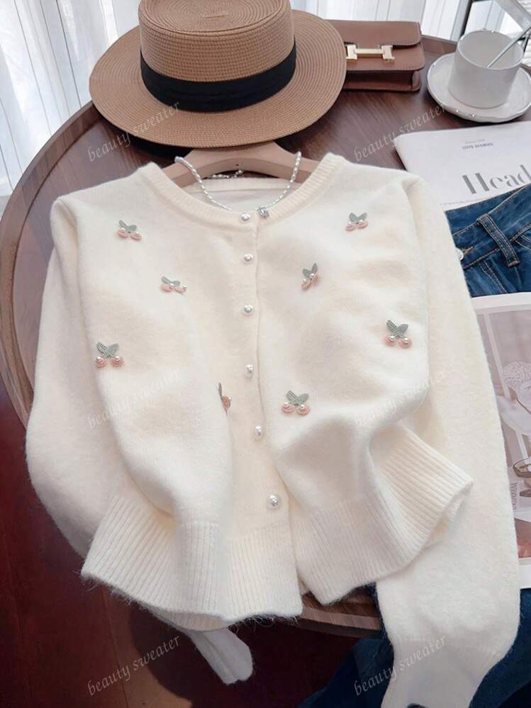 Cardigan tricoté avec perles de cerise pour femmes, design doux et juvénile, coupe ample, automne/hiver, Top à manches longues