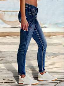 Women's Torn Detail Stitching Washed High Elasticity Mid Waist Tight Jeans, Suitable For Daily Wear In Women's Jeans And Clothing - 深色水洗藍 - 查看 3
