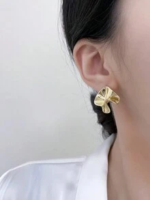 1 对时尚简约几何金属不对称椭圆形耳钉女士 - 金黃色 - 查看 3
