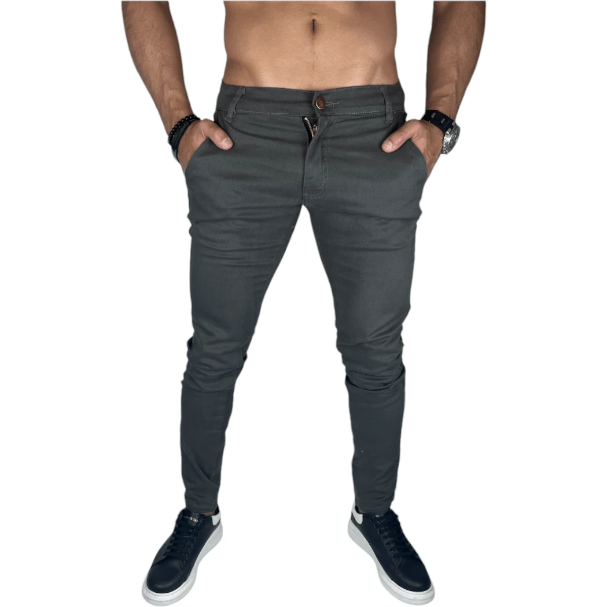 Men's Tailored Formal Sport Trousers, Slim Fit, Cotton And Elastane Twill Fabric, With Built-In Pocket - Grey - View 1