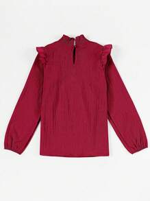 Blibean Camisa de cuello alto con ribete de volantes y unicolor para la temporada de regreso a la escuela para niñas preadolescentes