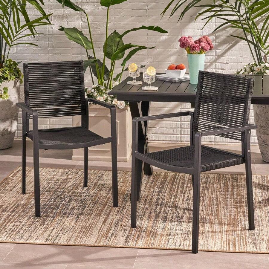 Outdoor Modern Aluminum Dining Chair With Rope Seat (Set Of 2), Dark