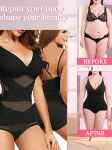 Nebility Faja Women's Fall And Winter Tights And Black Body Shaping Bodysuit Tummy And Hip Lifting Seamless Deep V-Neck Abdominal Girdle - 黑色 - 查看 4