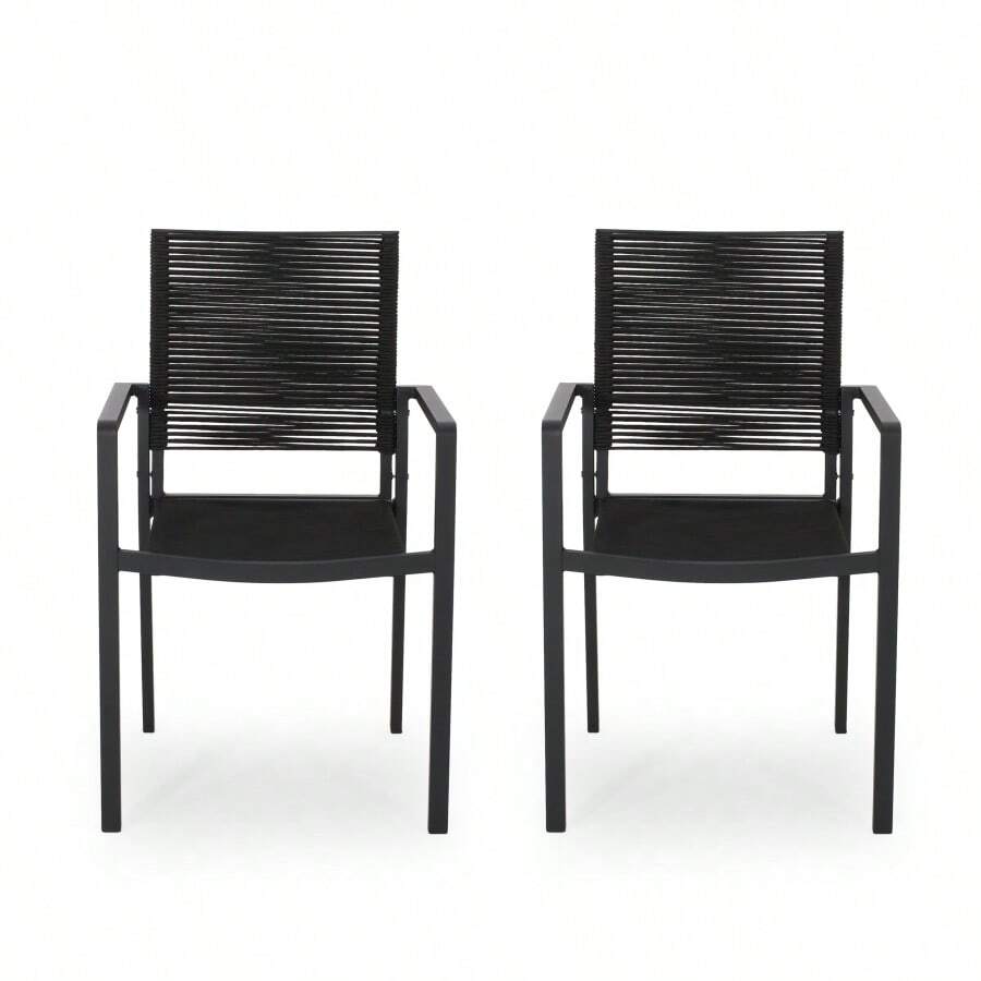 Outdoor Modern Aluminum Dining Chair With Rope Seat (Set Of 2), Dark