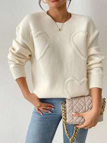 Valentine's Day & Christmas Classic Heart Pattern Round Neck Drop Shoulder Sweater,Long Sleeve Tops
