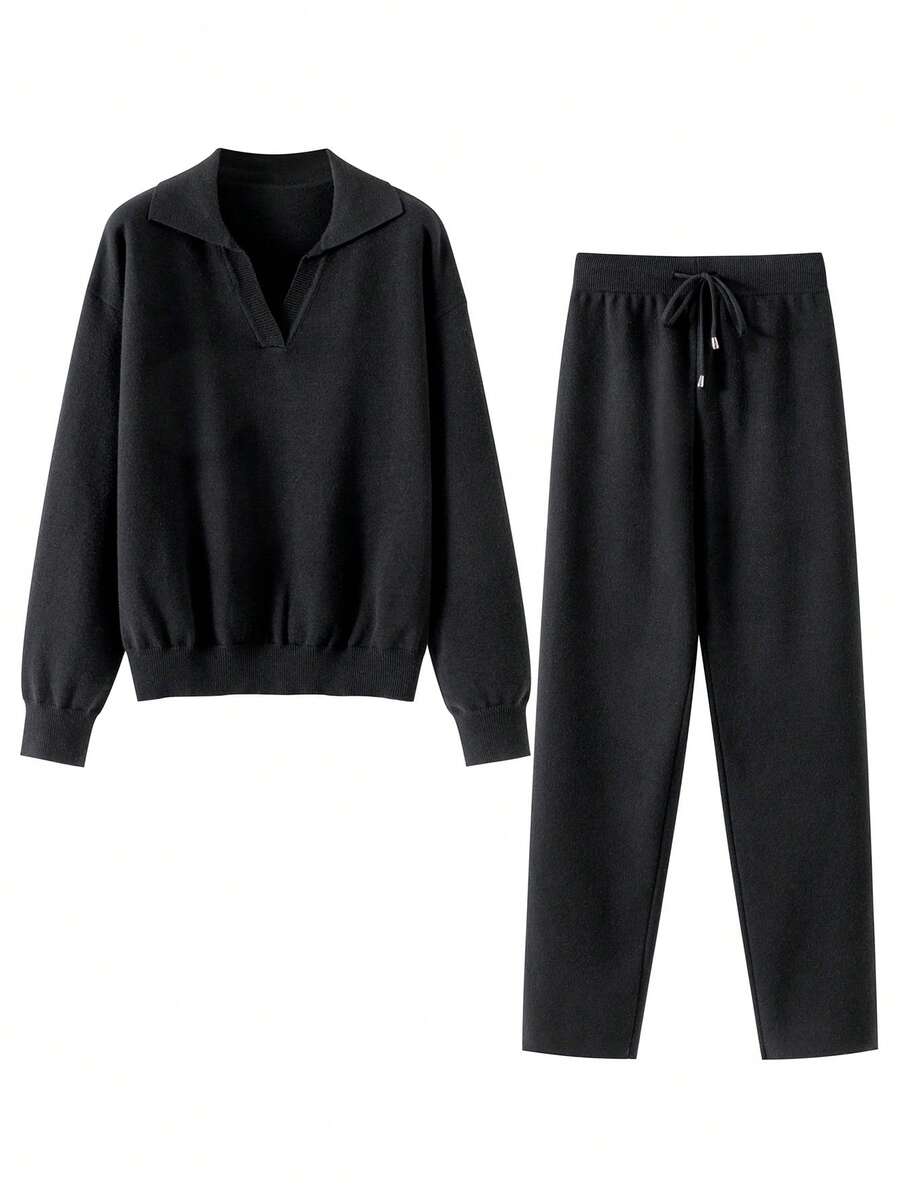 GIGOGOU 2 Stücke Damen Pullover-Set mit Polokragen für Herbst und Winter, bestehend aus Strickpullover und Strickhose, Outfit für den Herbst