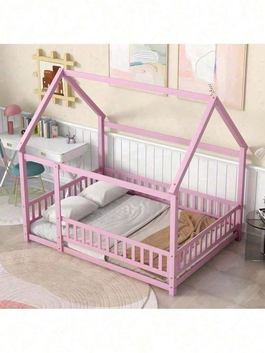 Full Size Floor Wooden Bed With House Roof Frame, Fence Guardrails ,Pink - 粉紅色+松木+全色 - 查看 1