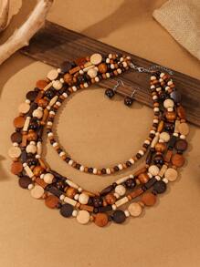 Collar con colgante de cuentas multicapa hecho a mano, conjunto de collar y aretes de cuentas de madera bohemio, accesorios de moda para fiesta/vacaciones - Multicolor - Ver 5