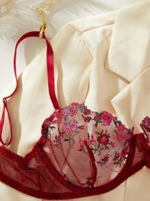 Tiny Floral Embroidery Sheer Cami Spaghetti Strap Bra And Thong Panty Lingerie Set, Sexy, Rave For Going Out - Burgundy - View 4