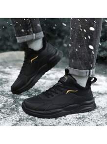 Men Winter Sports Casual Shoes, Thermal Lined Anti-Slip Waterproof Leather Upper, Outdoor Hiking Trainers, Solid Black - Black - View 6