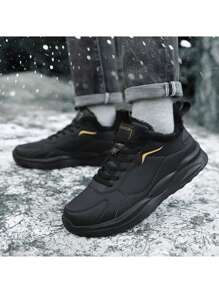 Men Winter Sports Casual Shoes, Thermal Lined Anti-Slip Waterproof Leather Upper, Outdoor Hiking Trainers, Solid Black - Black - View 4