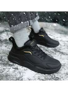 Men Winter Sports Casual Shoes, Thermal Lined Anti-Slip Waterproof Leather Upper, Outdoor Hiking Trainers, Solid Black - Black - View 2