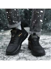 Men Winter Sports Casual Shoes, Thermal Lined Anti-Slip Waterproof Leather Upper, Outdoor Hiking Trainers, Solid Black - Black - View 5
