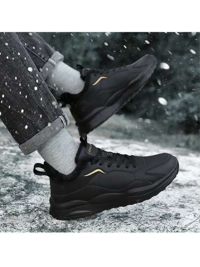 Men Winter Sports Casual Shoes, Thermal Lined Anti-Slip Waterproof Leather Upper, Outdoor Hiking Trainers, Solid Black