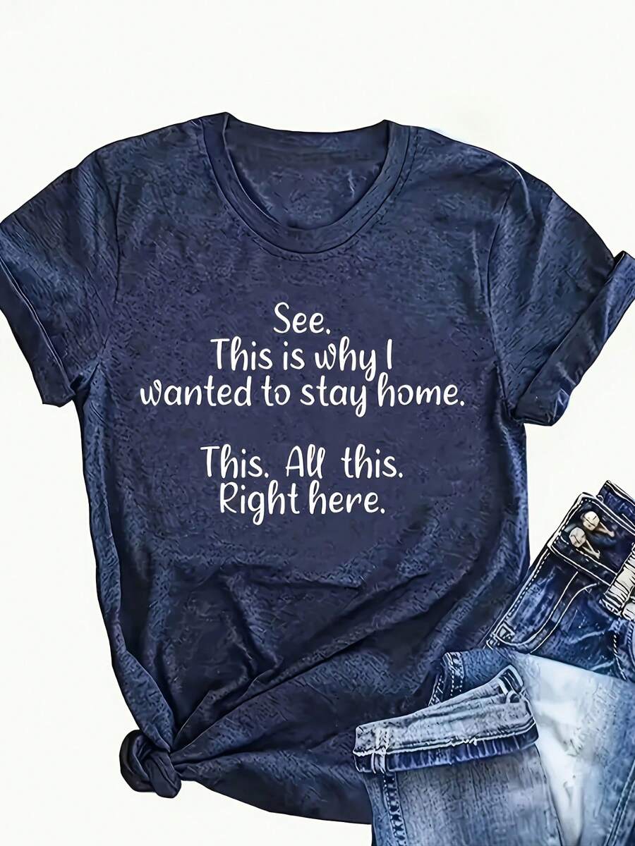 Plus Size Women's Knitted Top With Letter Pattern Print - 藏蓝色 - 查看 1