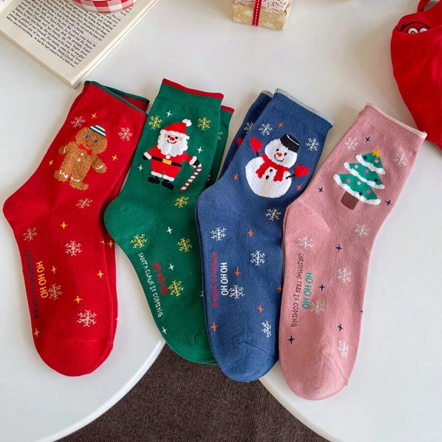 1 Pair New Christmas Socks, Snowman & Santa Claus Creative Cartoon Mid-Calf Socks, Autumn/Winter European & American New Year Christmas Socks - Multicolor - View 1
