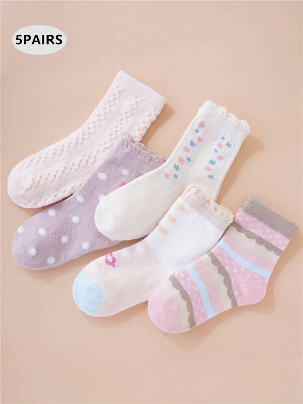 5 Pairs Girls Pink Princess Floral Embossed Cute Style Stripes All-Match Comfortable & Breathable Absorbing Mid-Calf Socks