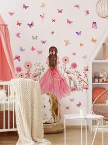 1 套粉色和紫色花卉、仙女和蝴蝶女孩墙贴，适用于客厅、卧室和沙发装饰，自粘式贴纸、墙贴花、乙烯基贴花，用于家居装饰、春季装饰品，让您的家焕然一新，节日装饰贴纸礼物生日毕业 - 彩色 - 查看 4