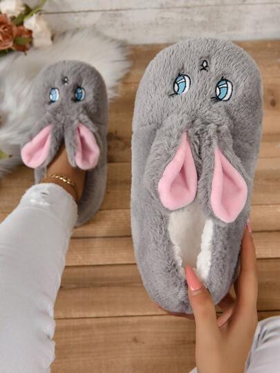 RALSWNAY Damen Herbst/Winter Gemütliche atmungsaktive warme Hausschuhe, weiches plüschiges Barfußgefühl, bestickte Hasenkopf Dekoration, geeignet für Zuhause, lustige Hausschuhe, flauschige Hausschuhe