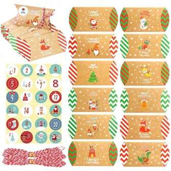 24pcs/Set Christmas Pillow Shape Cookie Candy Box Kraft Paper Gift Dim Sum Box Advent Calendar Candy Box,Jewelry Packaging Box , DIY Handmade Pillow Shape Packing Boxes Party Holiday Decoration New Year Christmas Christmas Decorations Christmas Pajamas Christmas Gifts Christmas Decor