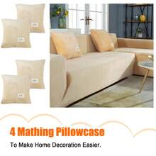 L Shape Sectional Sofa Cover 2-Piece Couch Cover Soft Velvet Elastic Stretch Sofa Slipcover For 3 Seater + 4 Seater Sofa Furniture Protector Couch Stretch L Shape Sofa Slipcover With 4Pcs Pillowcases - 米色 - 查看 7