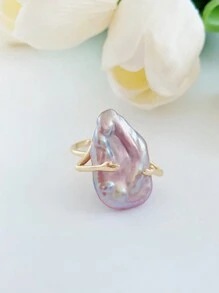 1 pieza Anillo abierto ajustable de perla barroca, diseño floral minimalista, elegante y ligero para mujeres