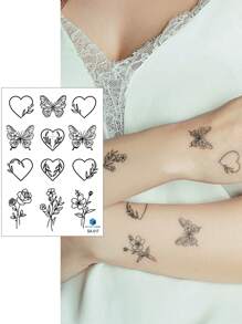 STARTTOOS 1pc Black Butterfly, Floral, Heart Y2K Pattern Temporary Tattoo Sticker For Finger, Wrist, Shoulder, Neck, Collarbone - Black - View 2