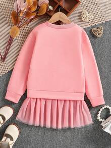 Tween Girls Cartoon Print Color Block Mesh Knit 2-In-1 Sporty Dress - Pink - View 3