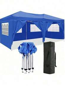 10'x20' Folding Canopy With 6 Removable Sidewalls Outdoor Event Shelter UPF 50+ Gazebo Portable Tents For Parties Beach Camping Wedding EZ Pop Up Canopy - 藍色+金屬 - 查看 1