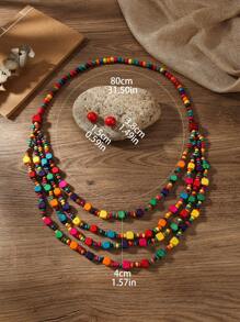 Collar con colgante de cuentas multicapa hecho a mano, conjunto de collar y aretes de cuentas de madera bohemio, accesorios de moda para fiesta/vacaciones - Multicolor - Ver 9