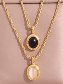 1 pieza Collar con colgante vintage de piedra ovalada en negro, blanco y marrón, enchapado en oro de 18K, acero inoxidable, pequeño y lindo, regalo de joyería para mujer