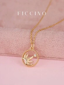 FICCINO 时尚太阳和星星图腾镀金方晶锆石吊坠项链，可调节钛钢镀金 O 型链，适合送给女孩和好朋友的时尚珠宝礼物，附赠盒子 - 365n - 查看 5