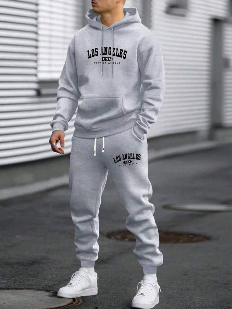 メンズ薄手パーカー&スウェットパンツセット、レギュラーフィット