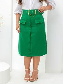 Elegant Tailored Midi Skirt With Belt And Pocket Evangelical Fashion - 墨綠色 - 查看 5
