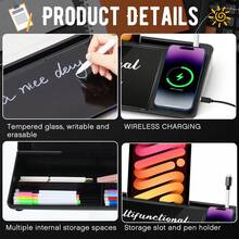 Desktop Glass Board Glass Dry Erase Board, With Phone Tablet Slot, Storage Compartment Includes 8 Pcs Erase Markers Desk Computer (Black,Wireless Charging) - 彩色 - 查看 3