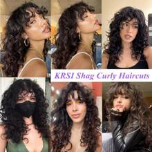 KRSI Long Curly Wigs With Wispy Bangs Dark Brown Natural Shag Curly Haircuts Synthetic Hair Wigs For Black Women Daily Party Use 24inch(Dark Brown) Christmas Gifts - Dark Brown - 查看 2