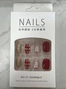 24 CÁI/1 HỘP Móng tay giả hình bàn cờ đỏ mừng năm mới Giáng sinh - Đỏ - Xem 4