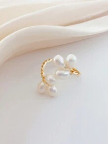 1 pieza Anillo abierto ajustable de perla barroca, diseño floral minimalista, elegante y ligero para mujeres