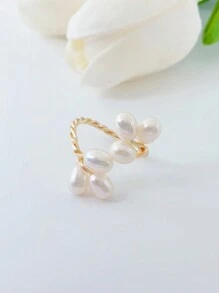 1 pieza Anillo abierto ajustable de perla barroca, diseño floral minimalista, elegante y ligero para mujeres