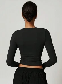 MASKERT Áo croptop ôm sát dành cho nữ, áo thun dài tay, áo thể thao dài tay chống nắng, thích hợp cho yoga, chạy bộ, thoải mái và thân thiện với da. - màu đen - Xem 2